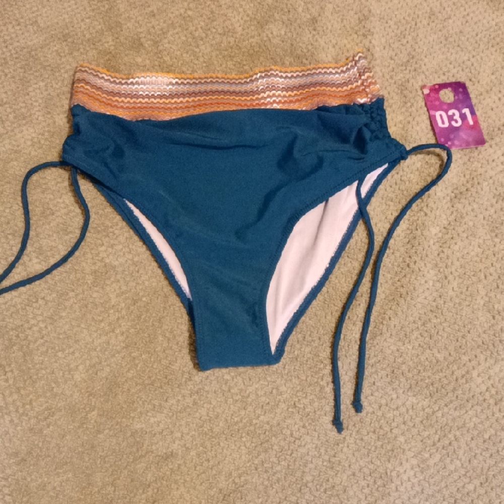 High-Waist Teal Bikini Bottom with Stripe Waistband